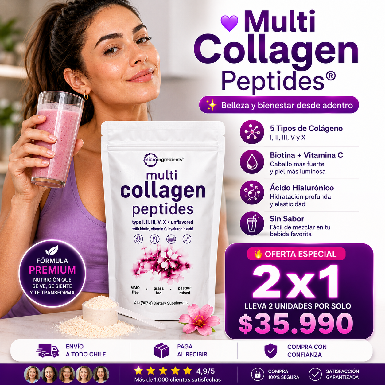 Multi Collagen Peptides® 5 tipos de colágeno + Biotina + Ácido Hialurónico