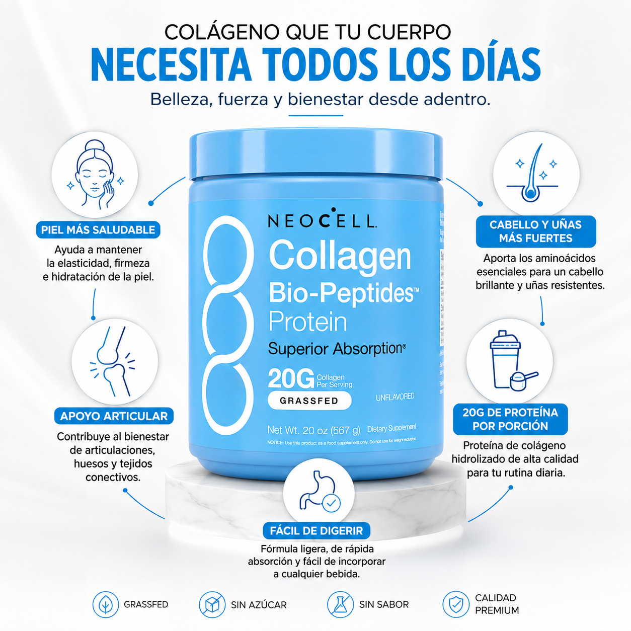 NEOCELL™ 20 g de colágeno hidrolizado para apoyar piel, cabello, uñas y articulaciones.