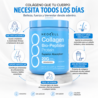 NEOCELL™ 20 g de colágeno hidrolizado para apoyar piel, cabello, uñas y articulaciones.