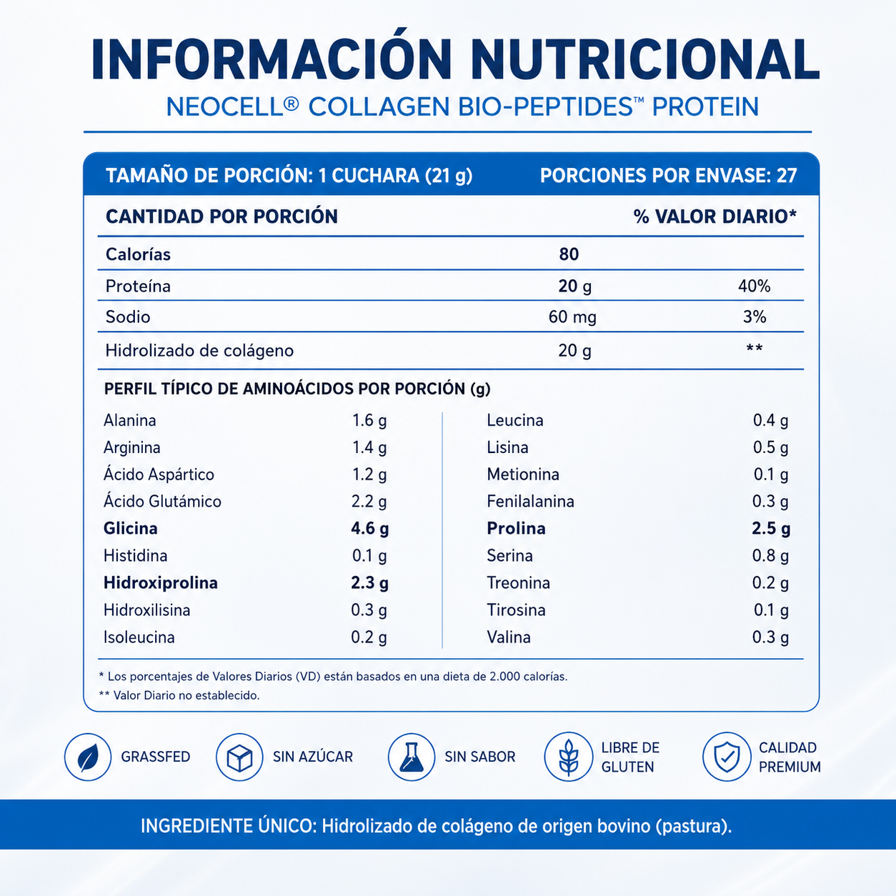 NEOCELL™ 20 g de colágeno hidrolizado para apoyar piel, cabello, uñas y articulaciones.