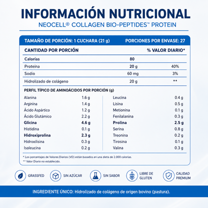 NEOCELL™ 20 g de colágeno hidrolizado para apoyar piel, cabello, uñas y articulaciones.