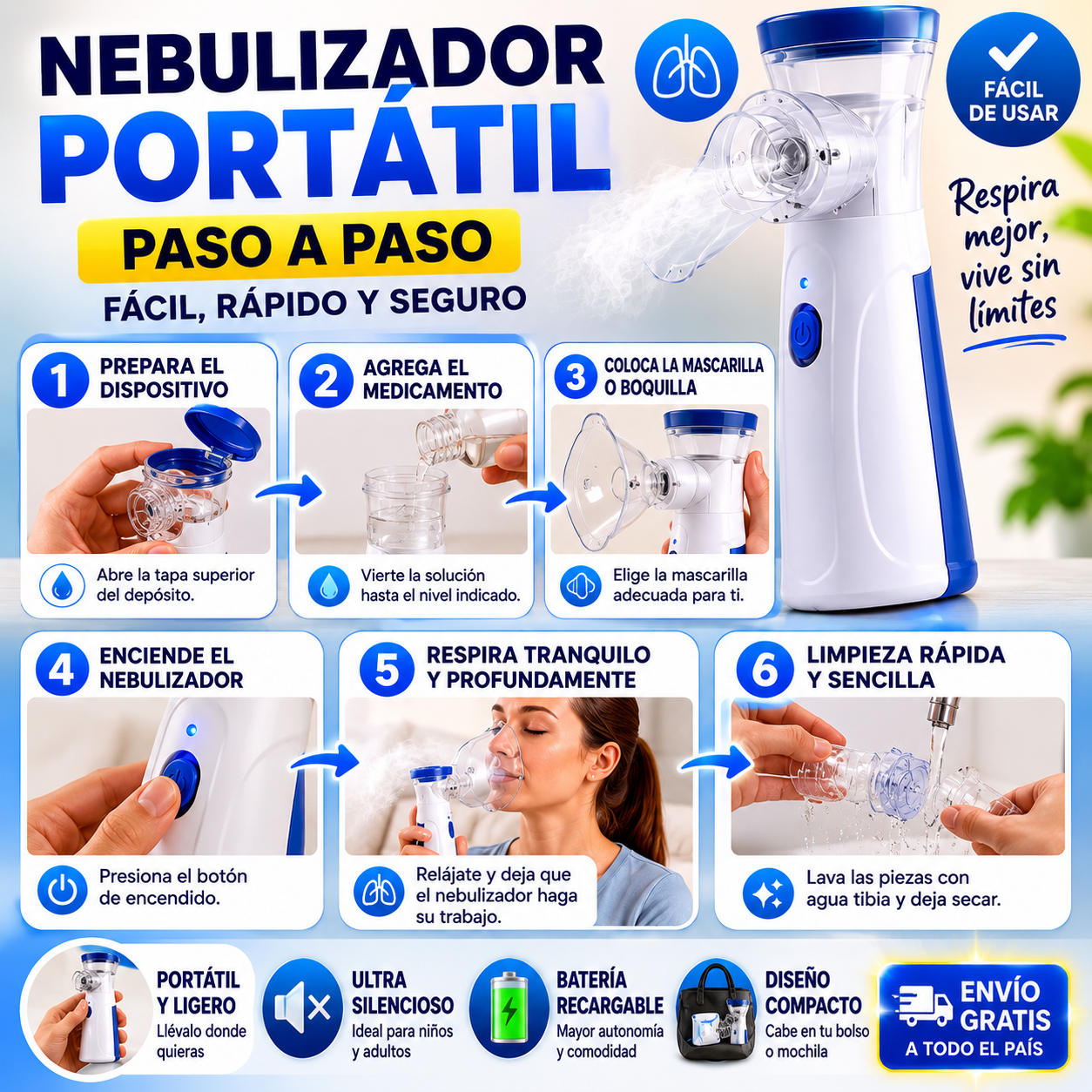 Nebulizador Portátil™  Alivio Respiratorio Rápido y Silencioso en Cualquier Lugar 🌬️