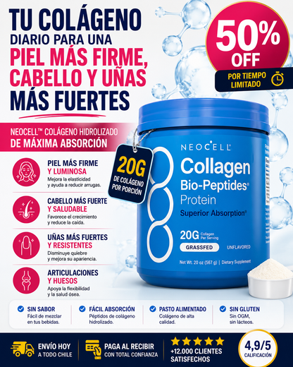 NEOCELL™ 20 g de colágeno hidrolizado para apoyar piel, cabello, uñas y articulaciones.