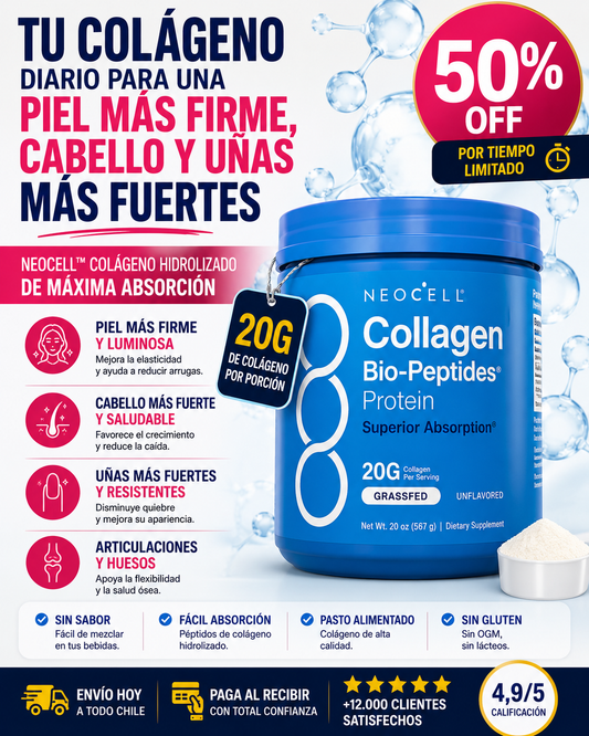 NEOCELL™ 20 g de colágeno hidrolizado para apoyar piel, cabello, uñas y articulaciones.