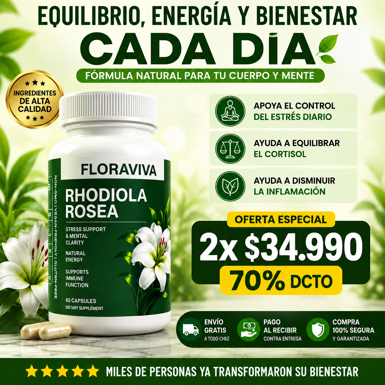 Floraviva Rhodiola - Disminuye cortisol y dile adios al estres
