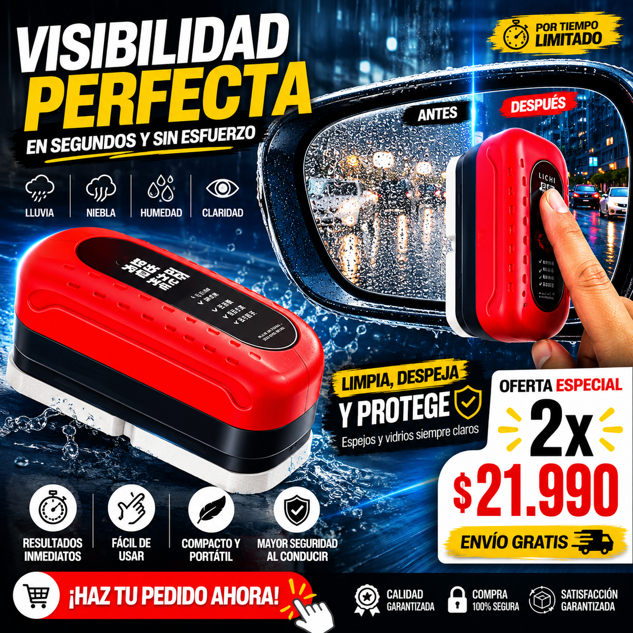 ClearVision™ | Cepillo Antiempañante para Espejos y Vidrios