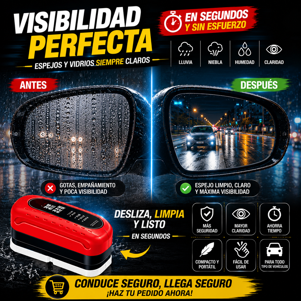ClearVision™ | Cepillo Antiempañante para Espejos y Vidrios