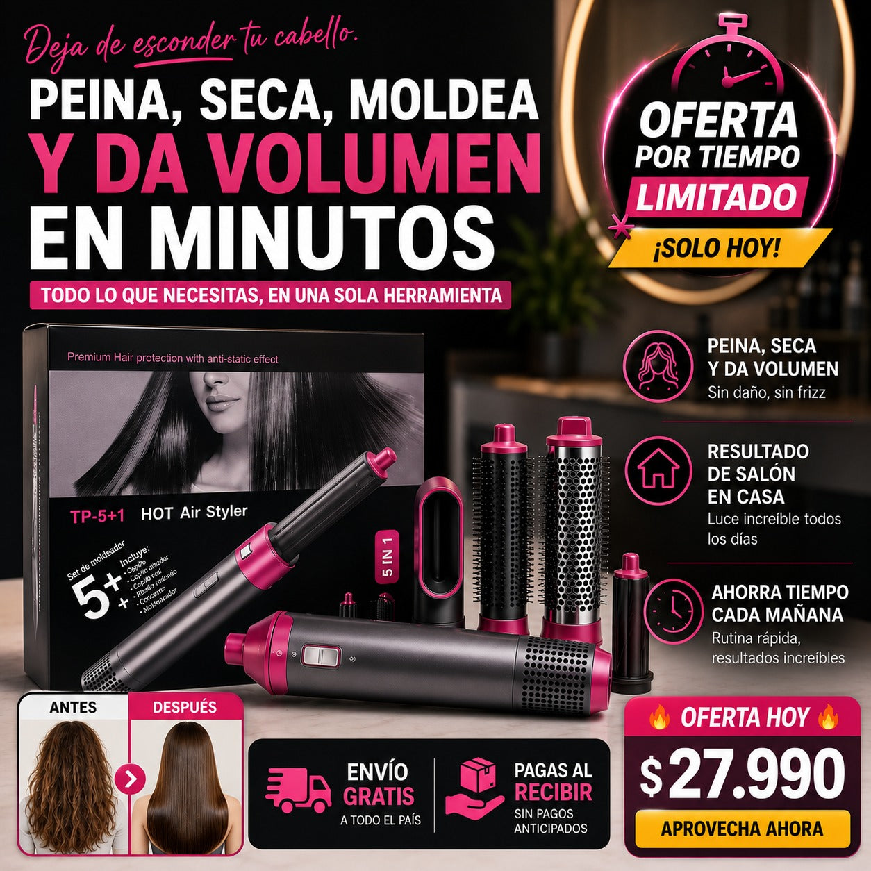 AuraStyle Pro™  Cepillo secador Voluminizador 5 en 1