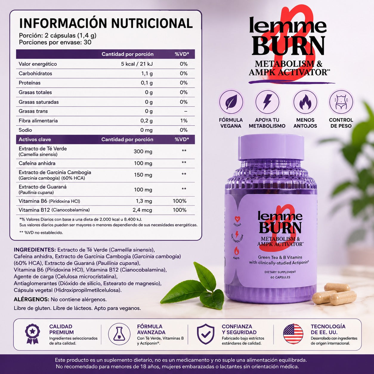 LEMME BURN™ Quema Grasa y Alcanza Tu Peso Ideal 60 Cápsulas