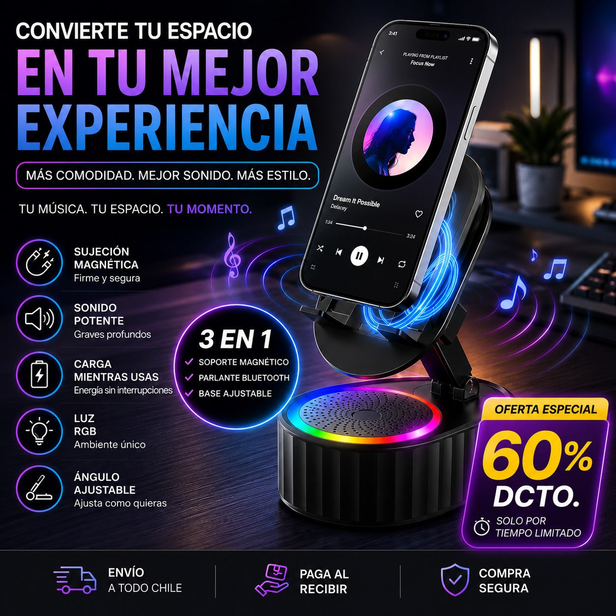 Soporte Magnetico Para Telefono con Parlante Bluetooth