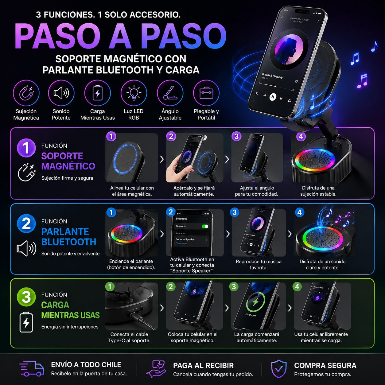 Soporte Magnetico Para Telefono con Parlante Bluetooth