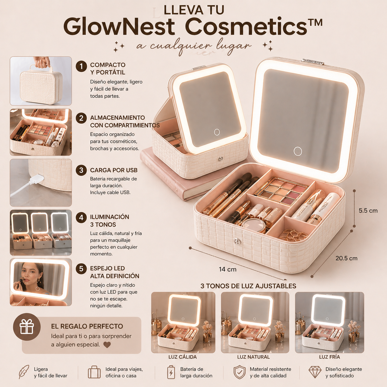 GlowNest Cosmetics™ Estuche con Espejo LED