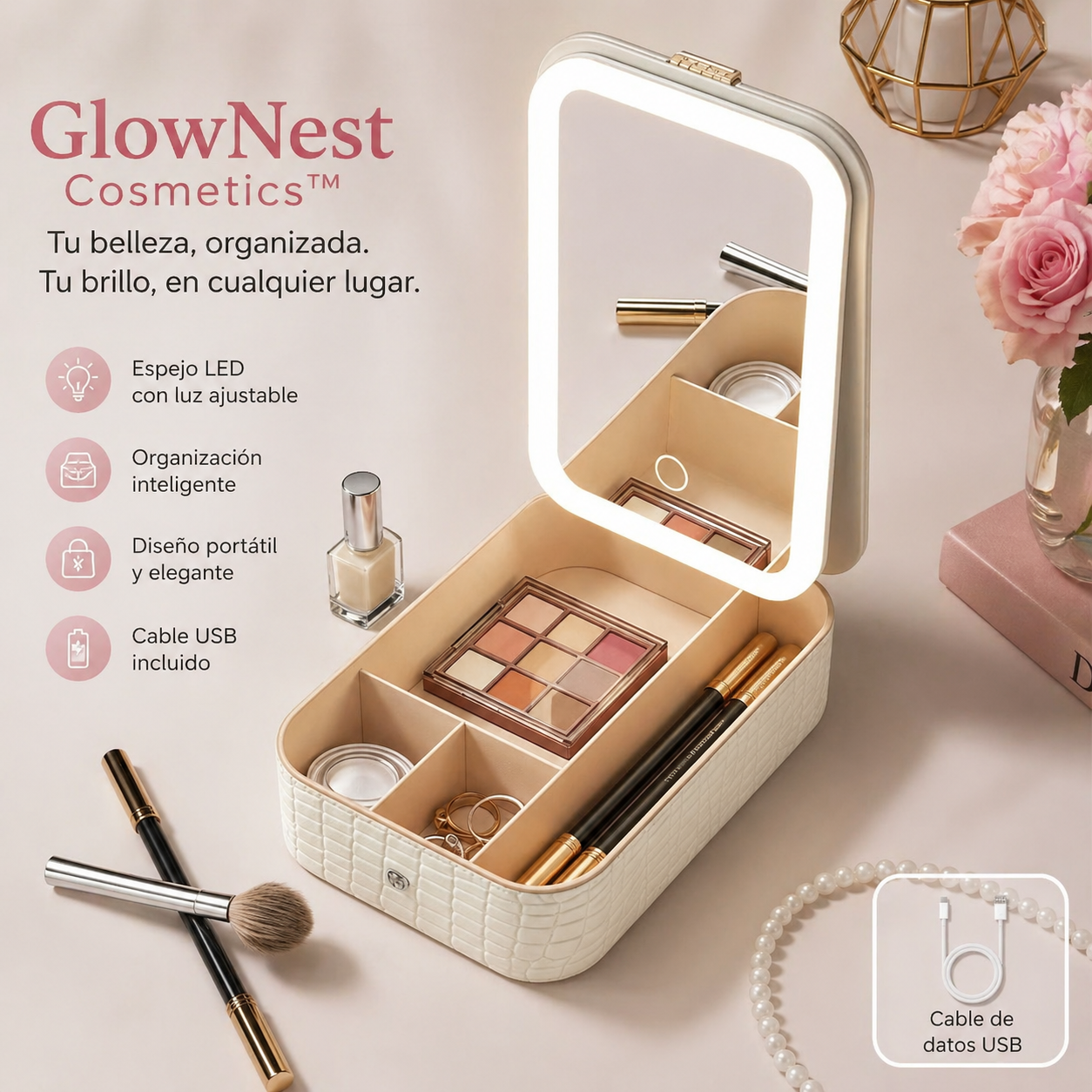 GlowNest Cosmetics™ Estuche con Espejo LED